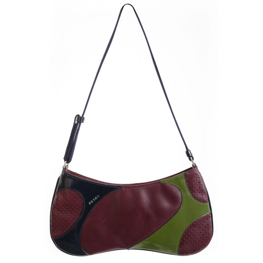 Prada SS 2000 Vitello Drive shoulder bag in burgundy leather with navy and green patent leather panels and perforated leather sections. Available at Artefact Archive.