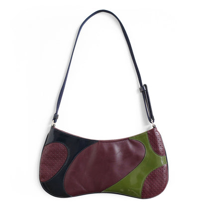 Prada SS 2000 Vitello Drive shoulder bag in burgundy leather with navy and green patent leather panels and perforated leather sections. Available at Artefact Archive.
