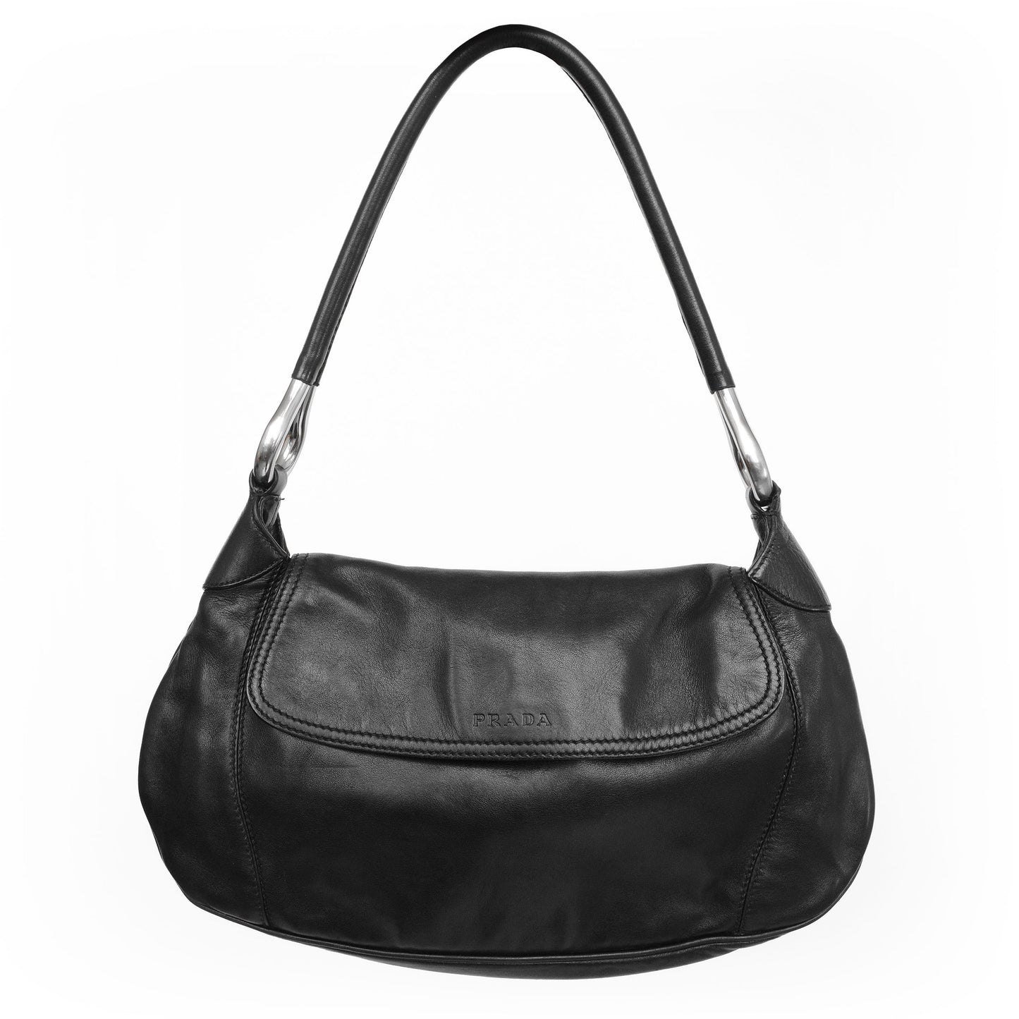 Prada SS 2003 shoulder bag in black Nappa leather with metal hoop strap details. Available at Artefact Archive.