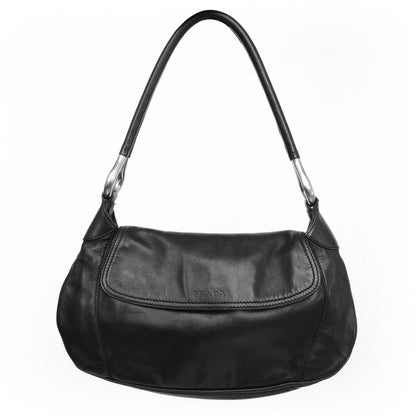 Prada SS 2003 shoulder bag in black Nappa leather with metal hoop strap details. Available at Artefact Archive.