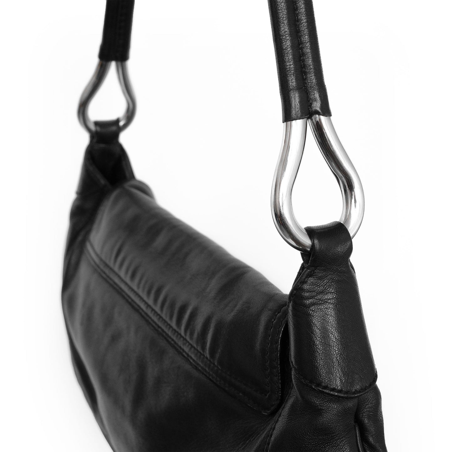 Prada SS 2003 shoulder bag in black Nappa leather with metal hoop strap details. Available at Artefact Archive.