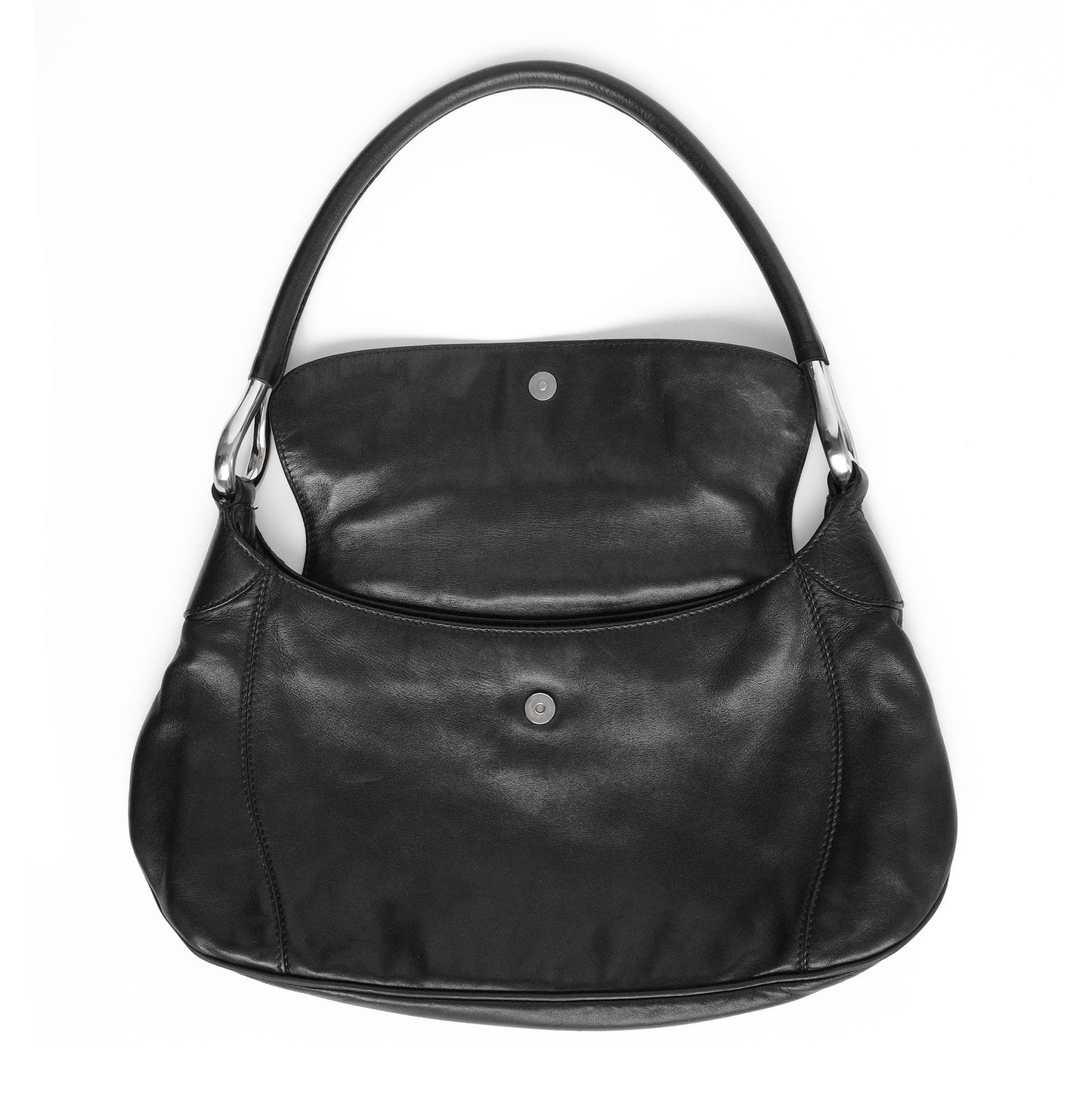 Prada SS 2003 shoulder bag in black Nappa leather with metal hoop strap details. Available at Artefact Archive.