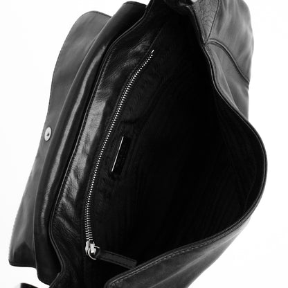 Prada SS 2003 shoulder bag in black Nappa leather with metal hoop strap details. Available at Artefact Archive.