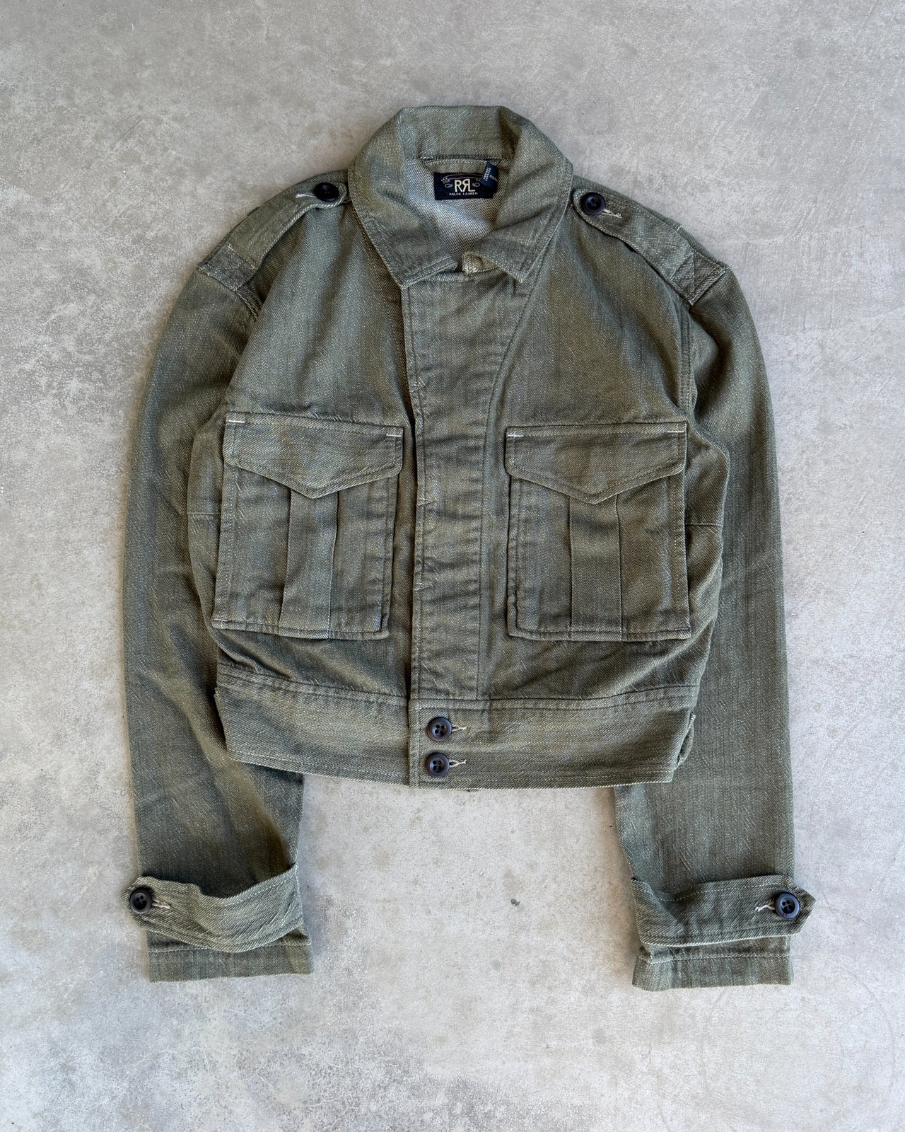 Double RL Ralph Lauren Military Inspired Cropped Cotton Jacket – XS/S-on a concrete background