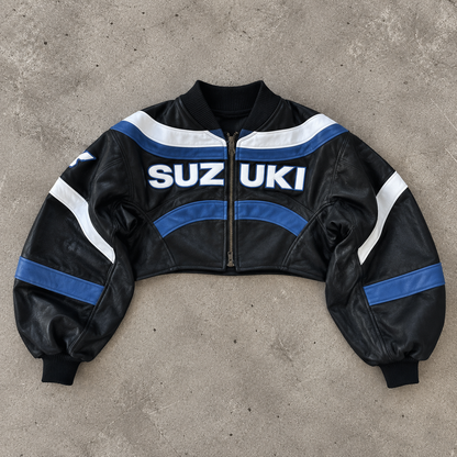 VT Rework : Custom Order - Balloon Sleeve Cropped Leather Racing Jacket | Sage