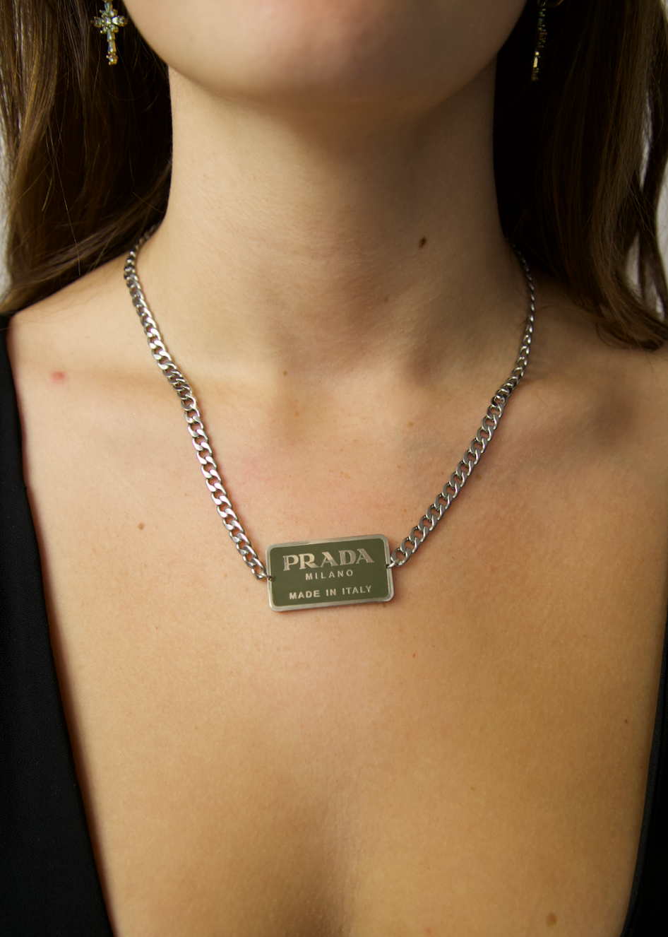 VT Rework : Prada Olive Reworked Curb Chain Necklace 16"