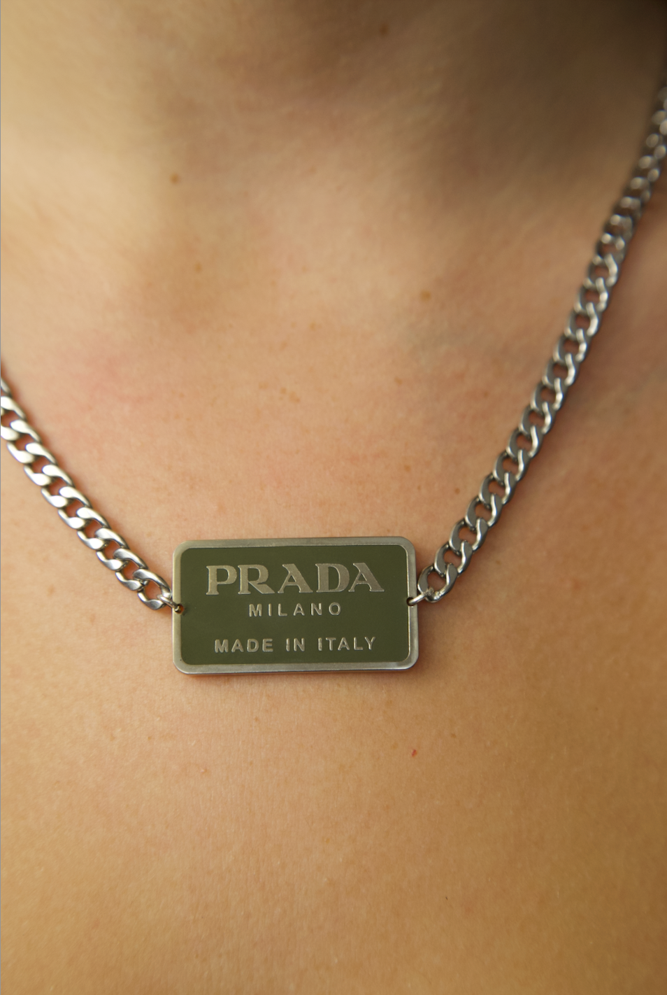 VT Rework : Prada Olive Reworked Curb Chain Necklace 16"