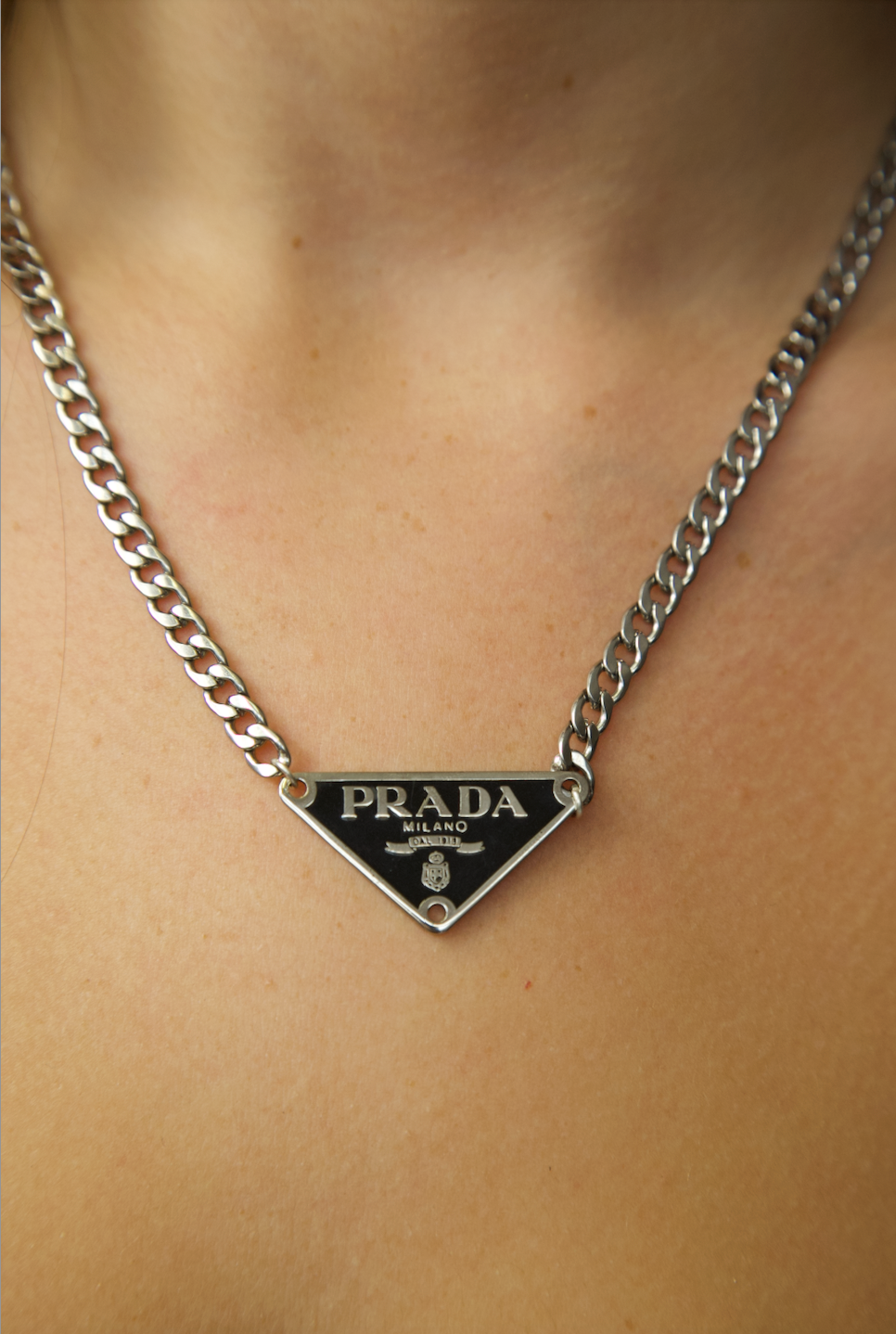 VT Rework : Prada Reworked Badge Curb Chain Necklace 16"