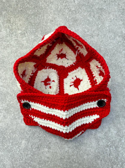 Two-Tone Red White Square Crochet Balaclava