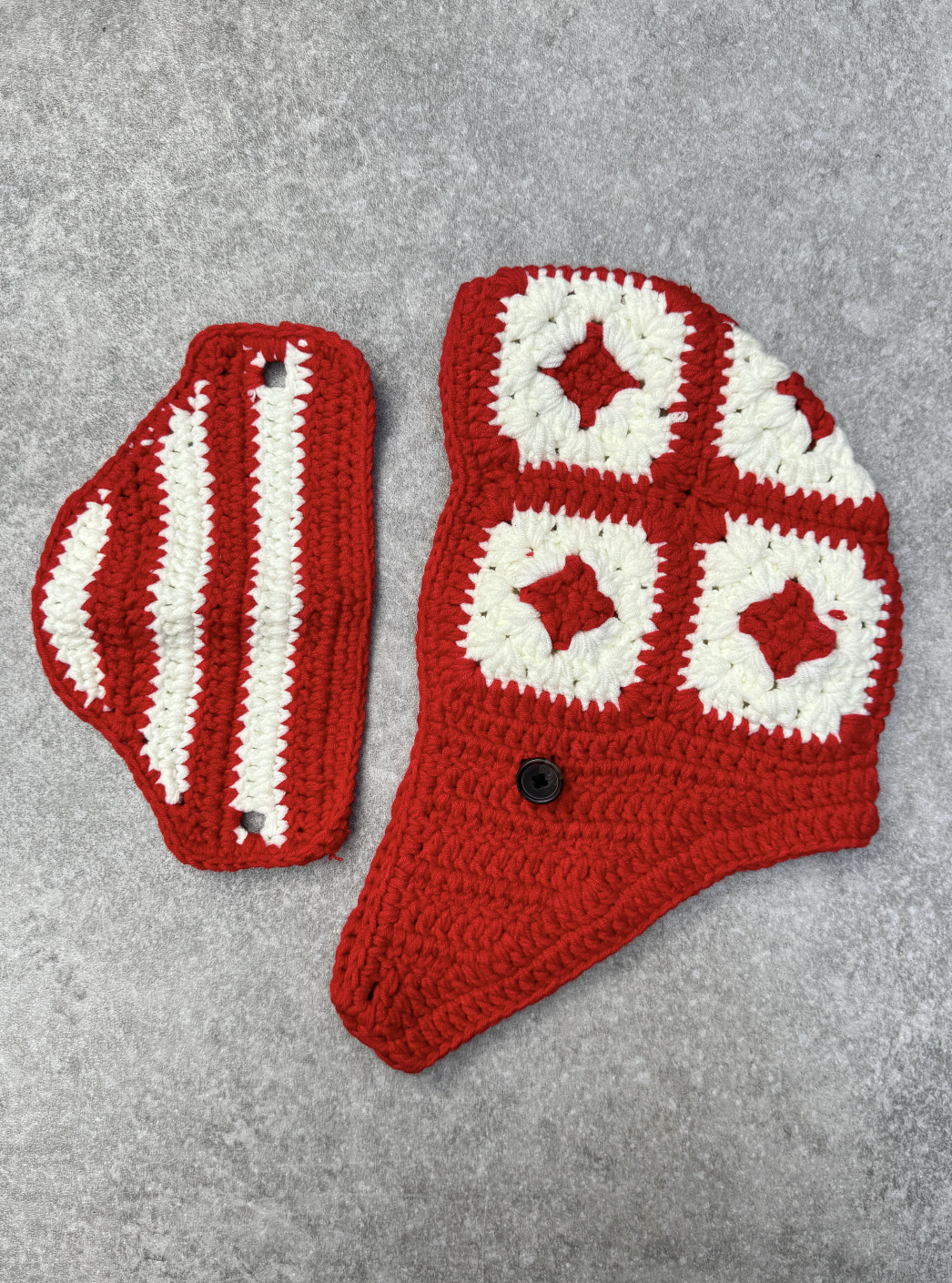 Two-Tone Red White Square Crochet Balaclava