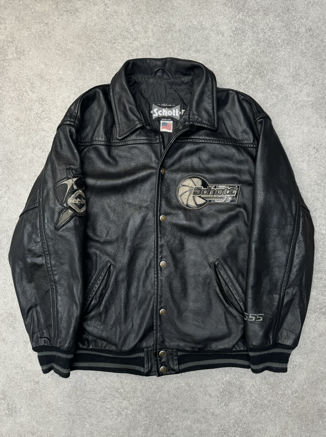 Schott U.S.A Black Arrow Logo Embroidered Leather Versity Jacket