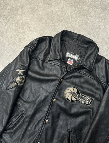 Schott U.S.A Black Arrow Logo Embroidered Leather Versity Jacket