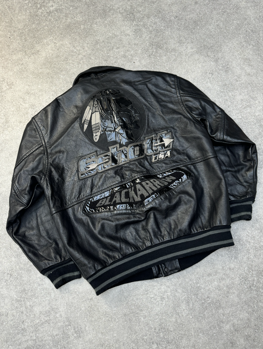 Schott U.S.A Black Arrow Logo Embroidered Leather Versity Jacket