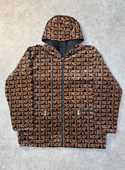 Fendi Vintage Reversible Logo Mania Faux Fur Hooded Jacket.