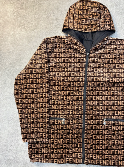 Fendi Vintage Reversible Logo Mania Faux Fur Hooded Jacket.