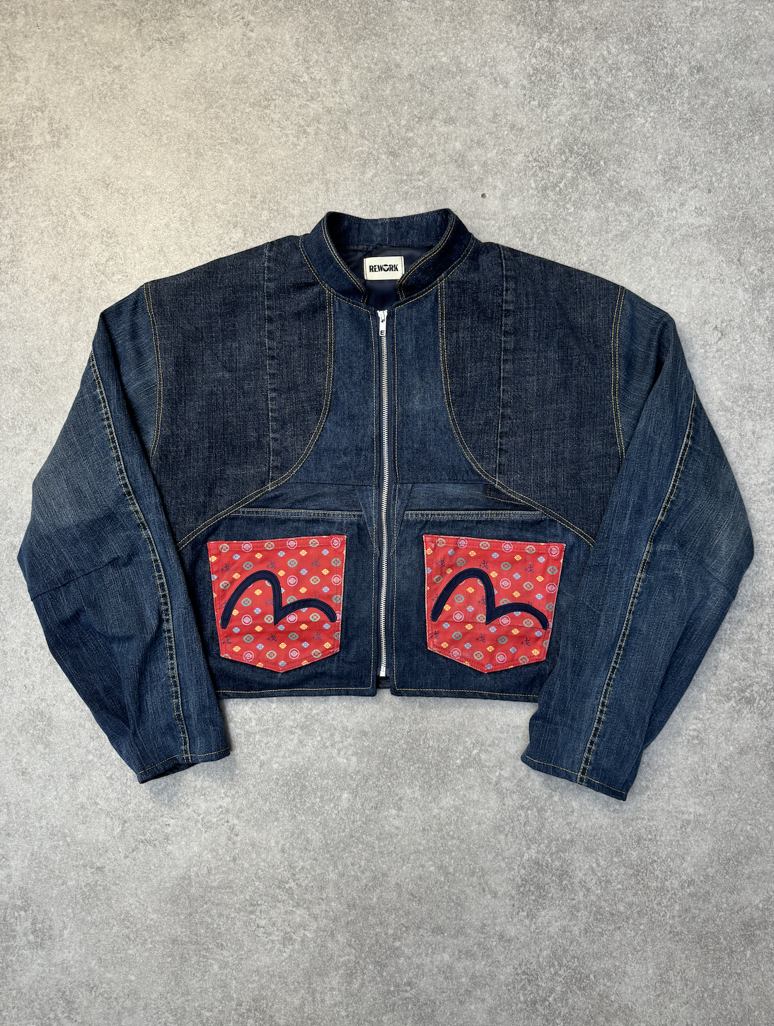 VT Rework: Evisu Sakura Logo Pocket Deconstructed Zip-Up Denim Jacket