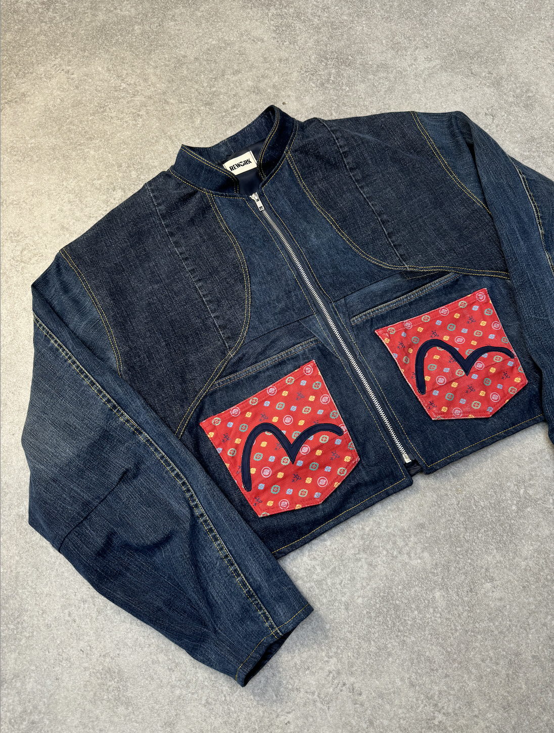 VT Rework: Evisu Sakura Logo Pocket Deconstructed Zip-Up Denim Jacket