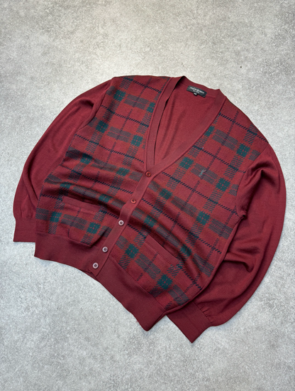 Yves Saint Laurent Logo Embroidered Plaid Wool Blend Cardigan