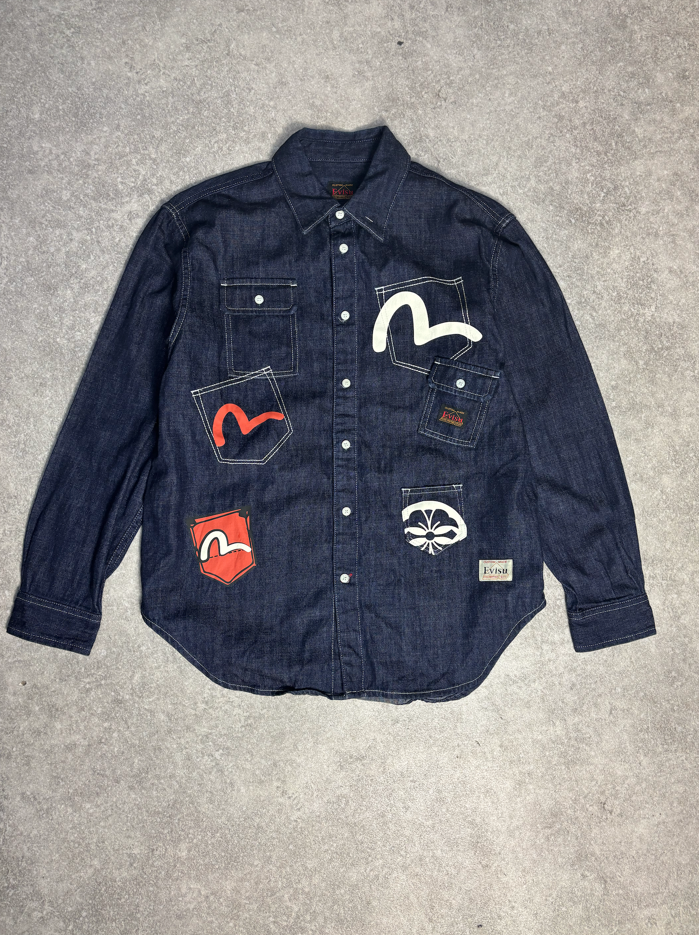 Evisu Multi Pockets Printed Logo Denim Shirt