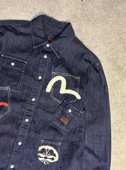 Evisu Multi Pockets Printed Logo Denim Shirt