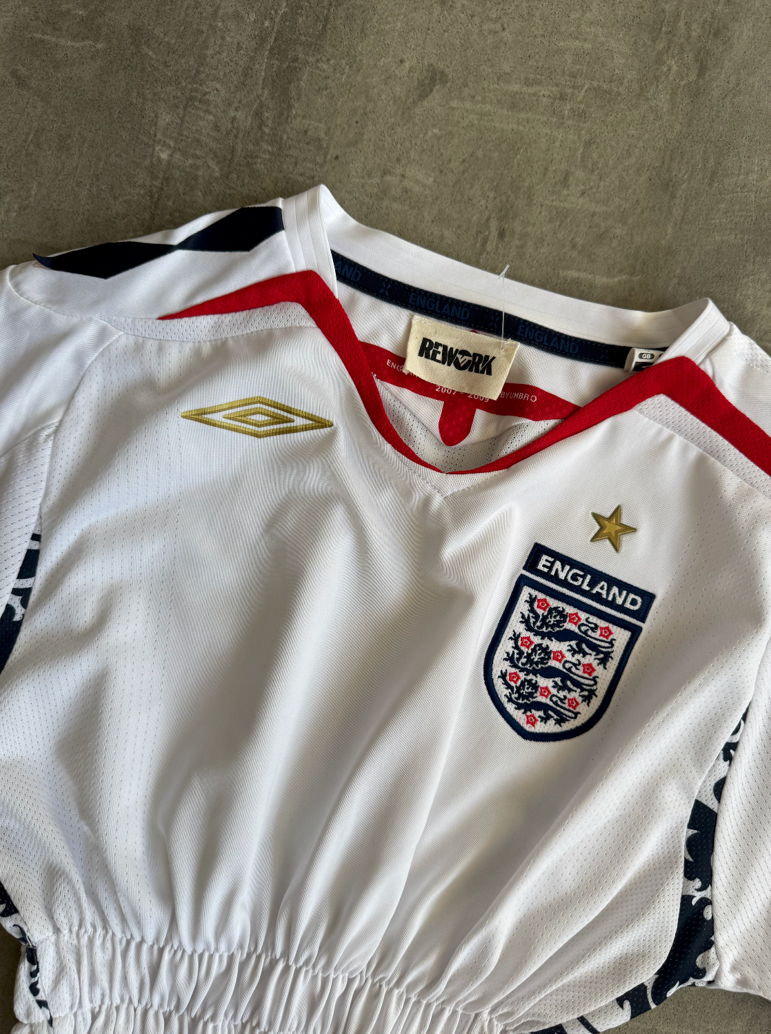 VT Rework: England x Umbro Rouched Waist Football Shirt | Small, Multicoloured