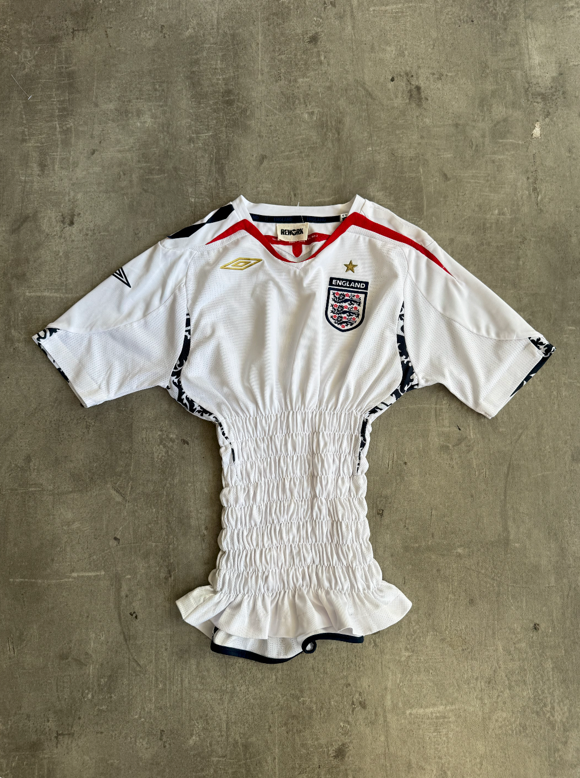 VT Rework: England x Umbro Rouched Waist Football Shirt | Small, Multicoloured