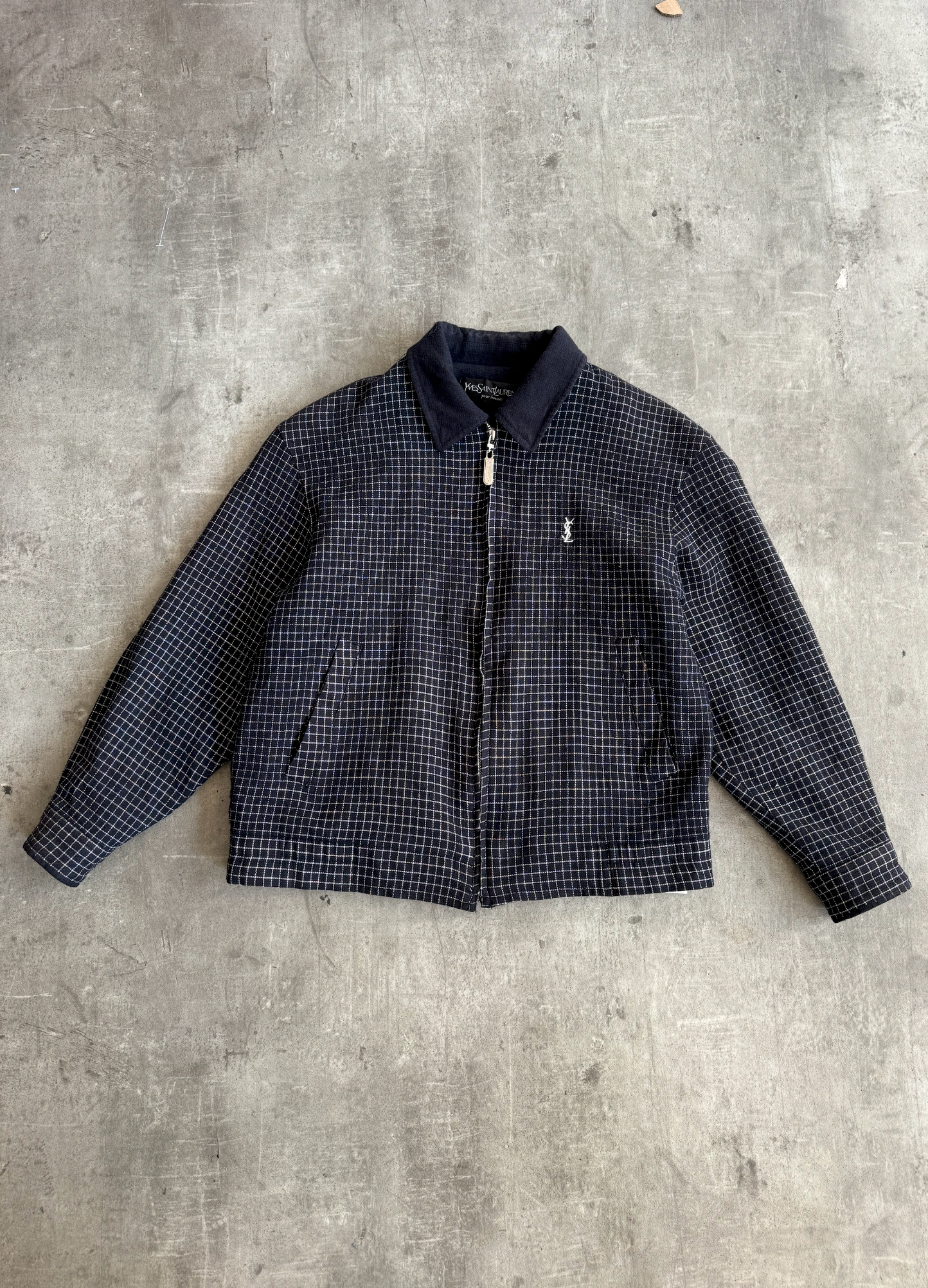 Yves Saint Laurent Navy Check Wool Blouson | Small, Multicoloured