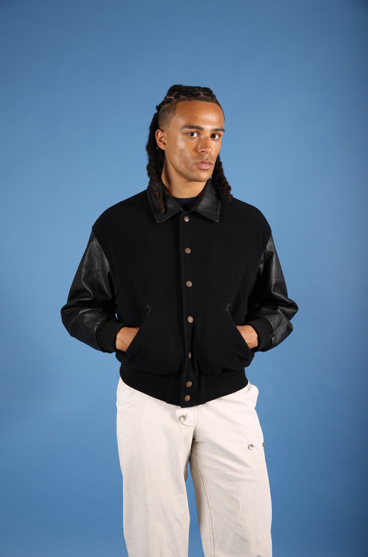 Jun Men Leather Varsity Jacket | Large, Black