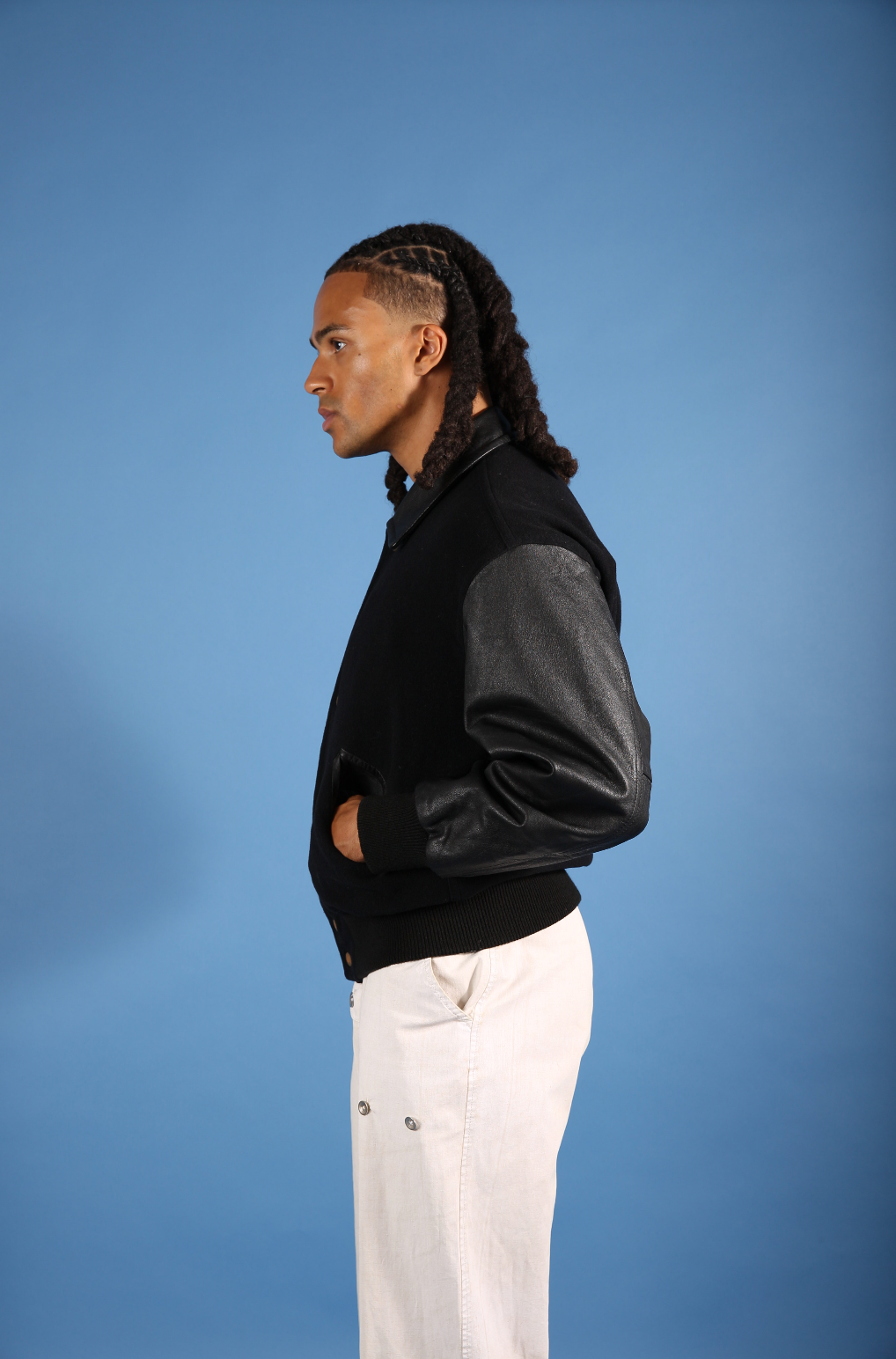 Jun Men Leather Varsity Jacket | Large, Black