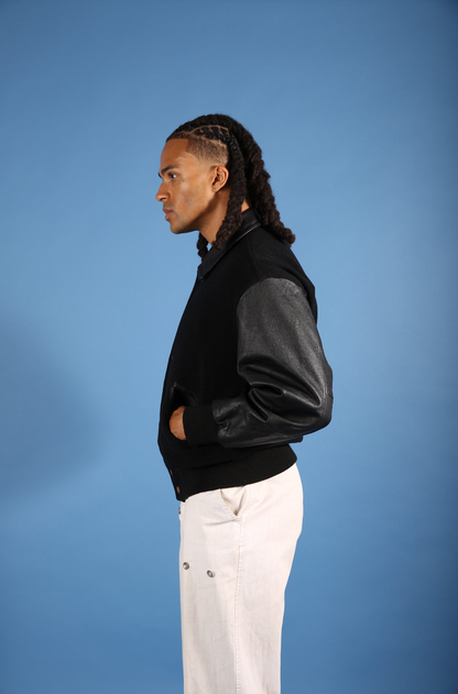 Jun Men Leather Varsity Jacket | Large, Black