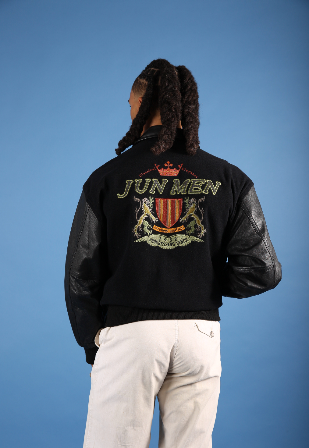Jun Men Leather Varsity Jacket | Large, Black
