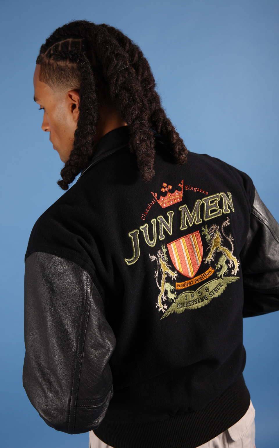 Jun Men Leather Varsity Jacket | Large, Black