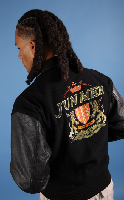 Jun Men Leather Varsity Jacket | Large, Black