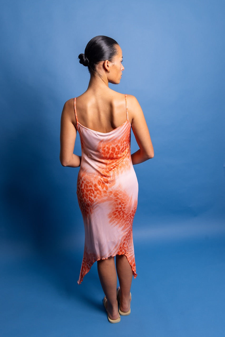 1990's Roberto Cavalli Lettuce Hem Print Dress | O/S, Orange
