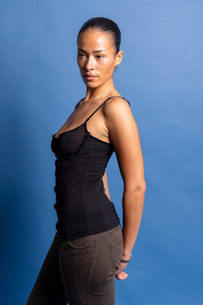 Dolce & Gabbana Velvet Detail Polkadot Mesh Camisole | Small, Black