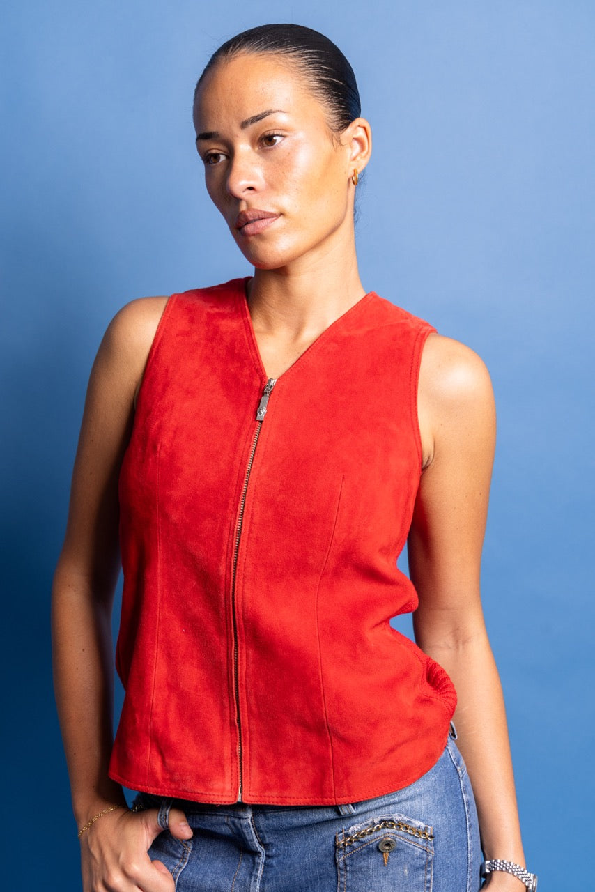 Deadstock Versace Versus Red Pelle Suede Rib Knit Waistcoat | Extra Small, Red