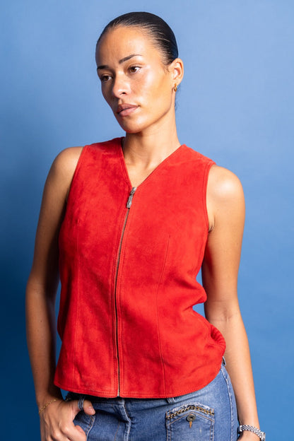 Deadstock Versace Versus Red Pelle Suede Rib Knit Waistcoat | Extra Small, Red