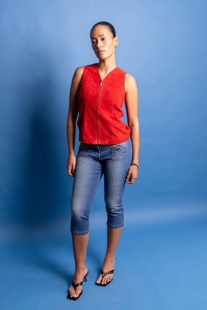 Deadstock Versace Versus Red Pelle Suede Rib Knit Waistcoat | Extra Small, Red