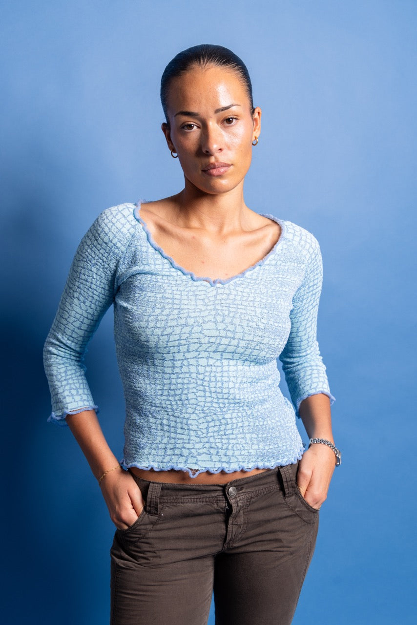 Roberto Cavalli Class Textured Animal Patterned Electric Blue Top | Large, Blue