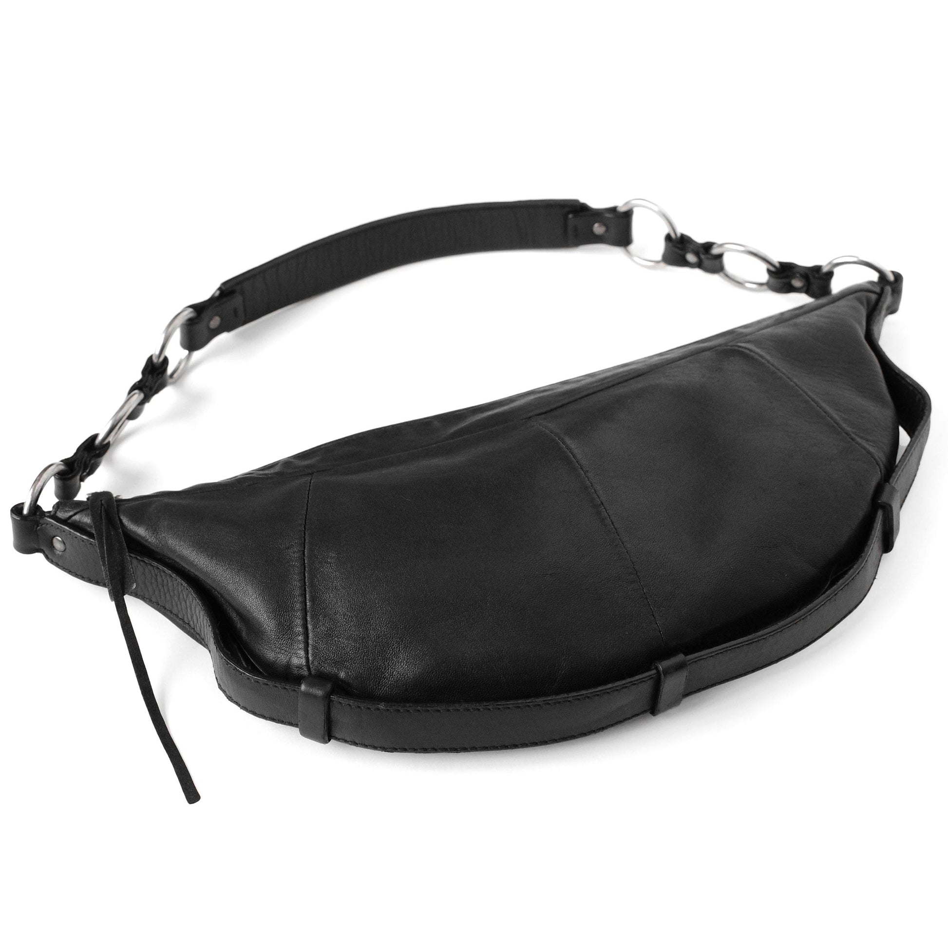 Yves Saint Laurent SS 2002 Tom Ford era leather mombasa sling bag with a half-moon shape, chain leather strap and top zip closure. Available at Artefact Archive.