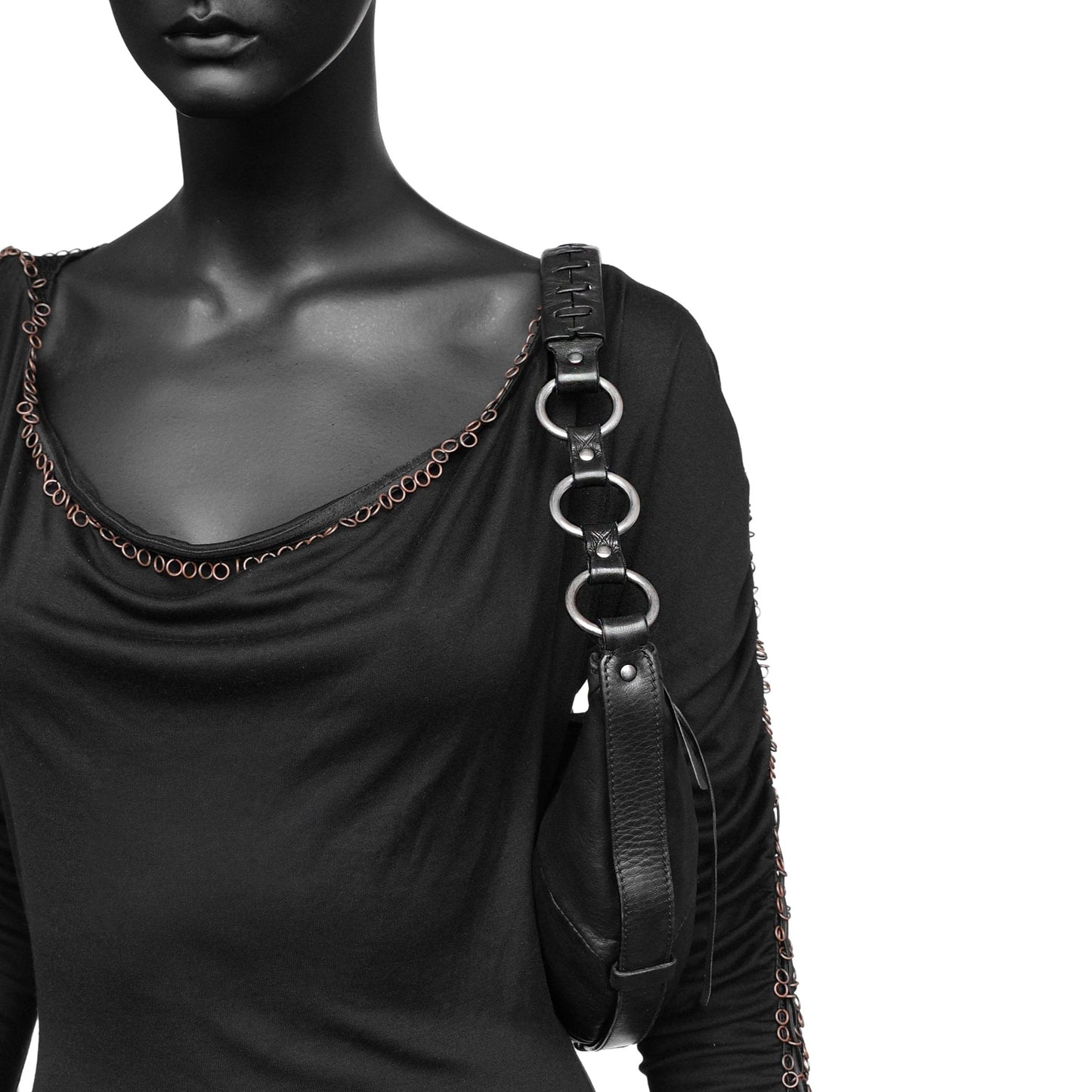 Yves Saint Laurent SS 2002 Tom Ford era leather mombasa sling bag with a half-moon shape, chain leather strap and top zip closure. Available at Artefact Archive.