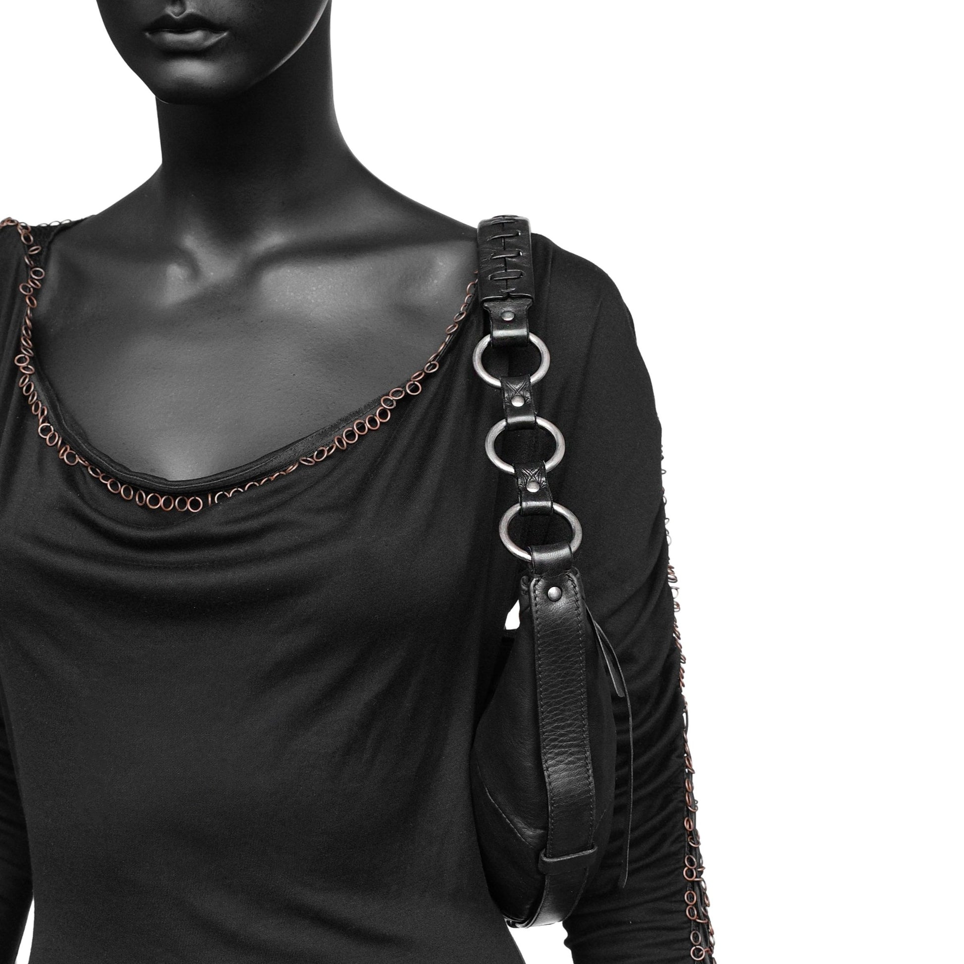 Yves Saint Laurent SS 2002 Tom Ford era leather mombasa sling bag with a half-moon shape, chain leather strap and top zip closure. Available at Artefact Archive.