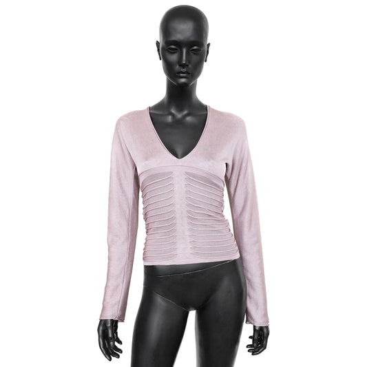 YSL by Tom Ford SS 2003 silk long sleeve top with a ribbed front detail, deep v-neck and keyhole cutout on the back. Size M. Available at Artefact Archive.