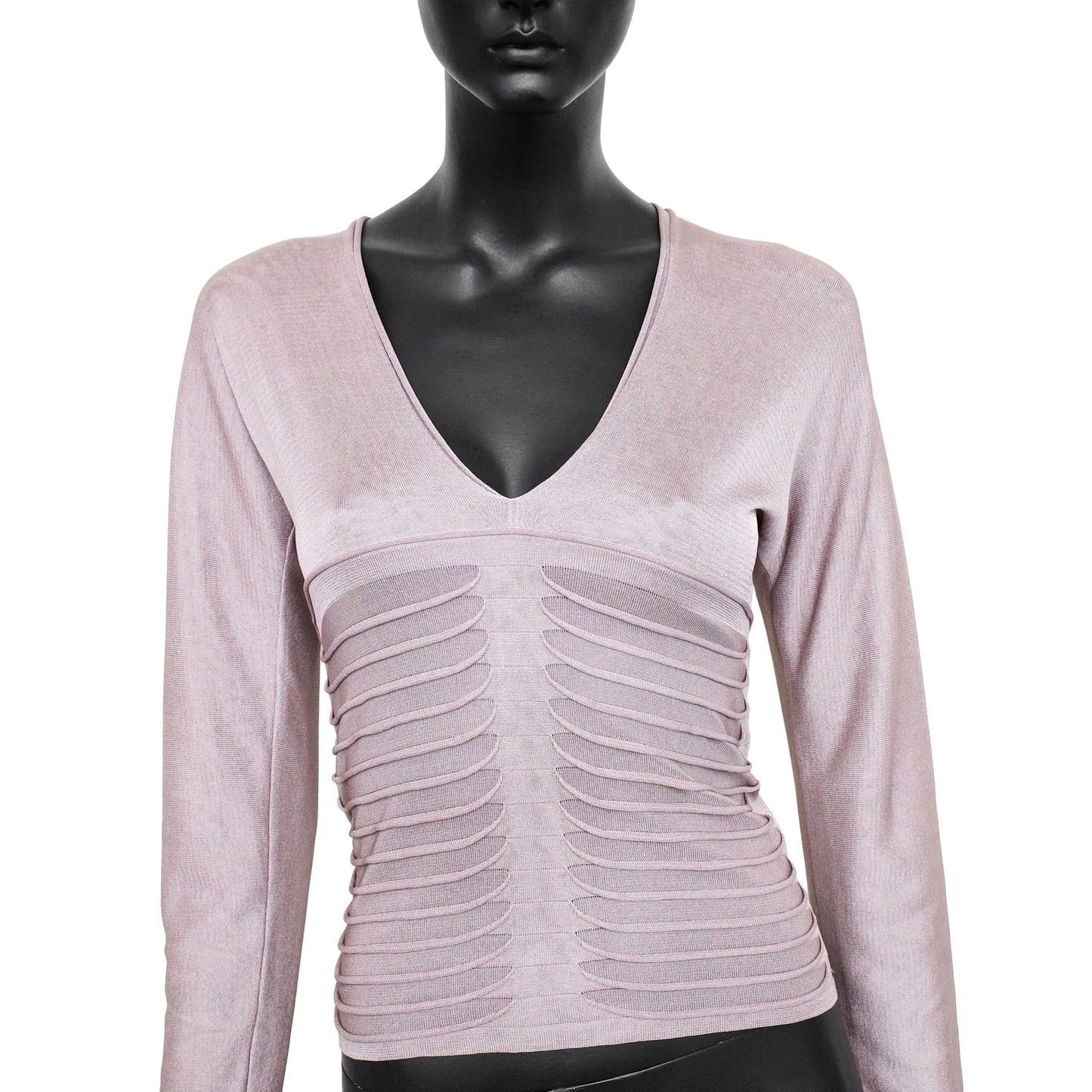 YSL by Tom Ford SS 2003 silk long sleeve top with a ribbed front detail, deep v-neck and keyhole cutout on the back. Size M. Available at Artefact Archive.