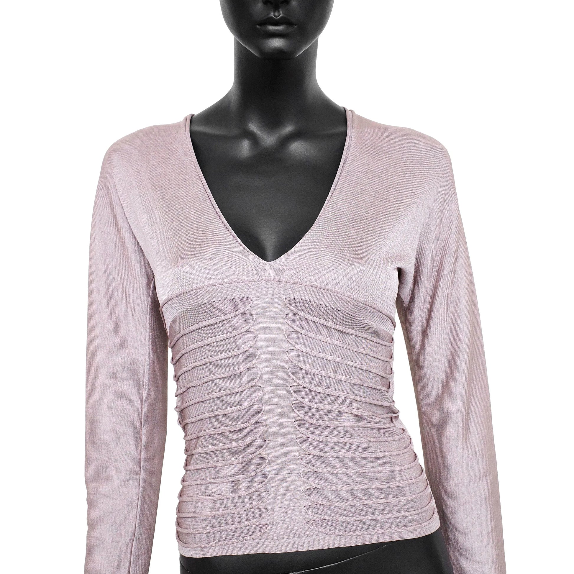 YSL by Tom Ford SS 2003 silk long sleeve top with a ribbed front detail, deep v-neck and keyhole cutout on the back. Size M. Available at Artefact Archive.