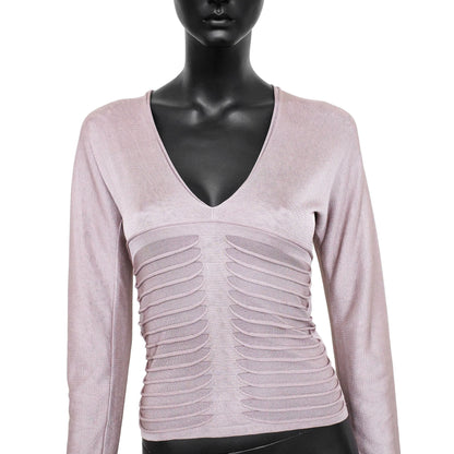 YSL by Tom Ford SS 2003 silk long sleeve top with a ribbed front detail, deep v-neck and keyhole cutout on the back. Size M. Available at Artefact Archive.