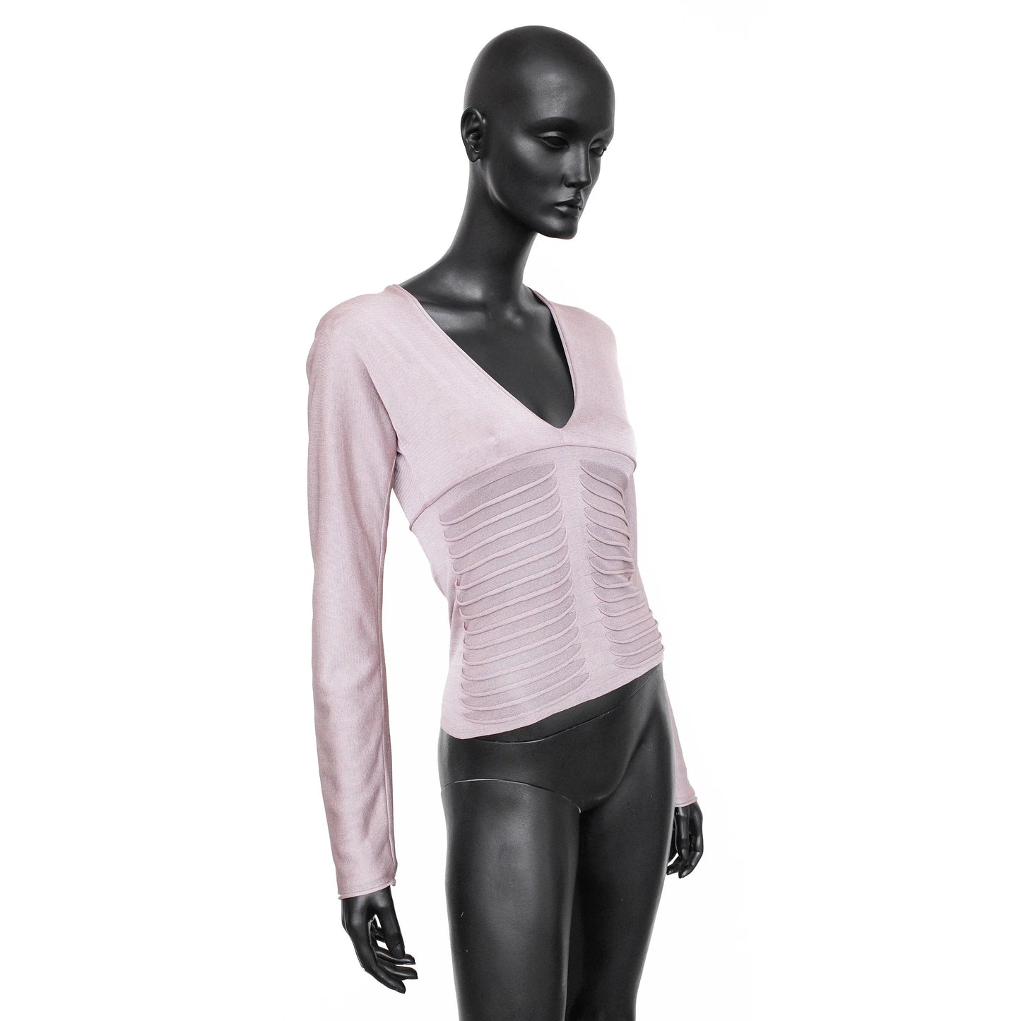 YSL by Tom Ford SS 2003 silk long sleeve top with a ribbed front detail, deep v-neck and keyhole cutout on the back. Size M. Available at Artefact Archive.
