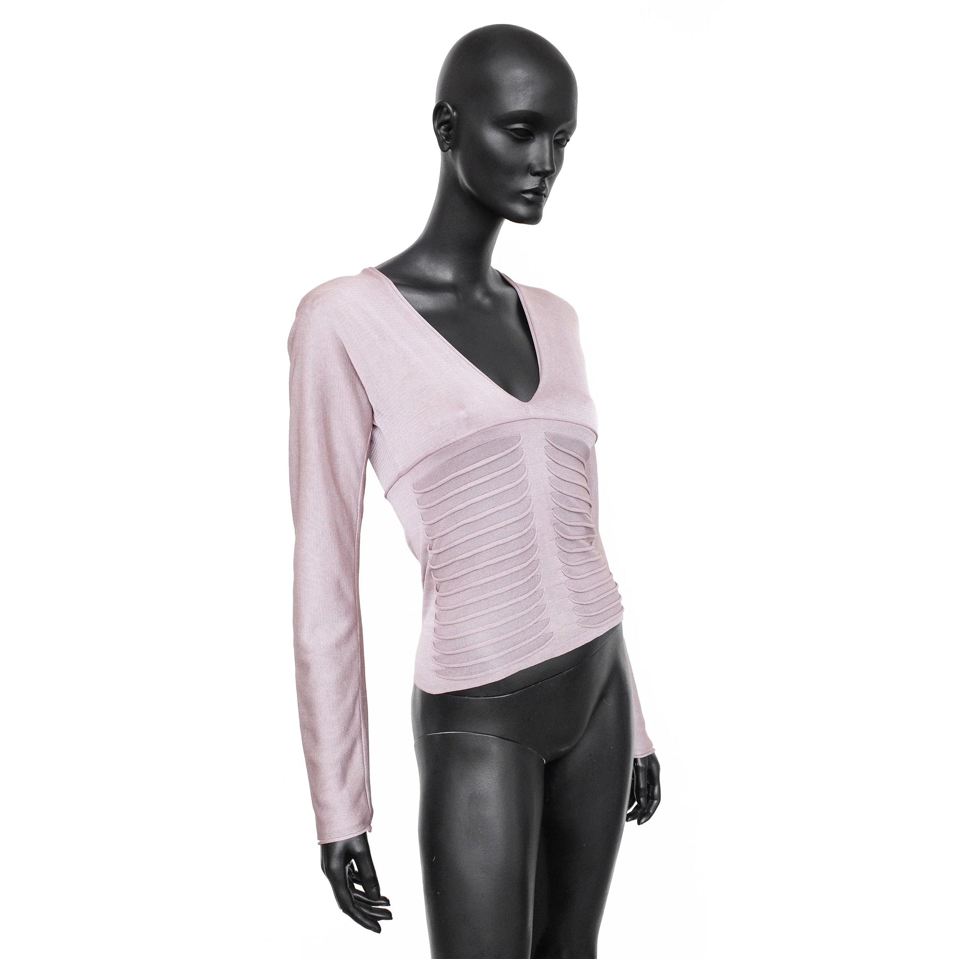 YSL by Tom Ford SS 2003 silk long sleeve top with a ribbed front detail, deep v-neck and keyhole cutout on the back. Size M. Available at Artefact Archive.