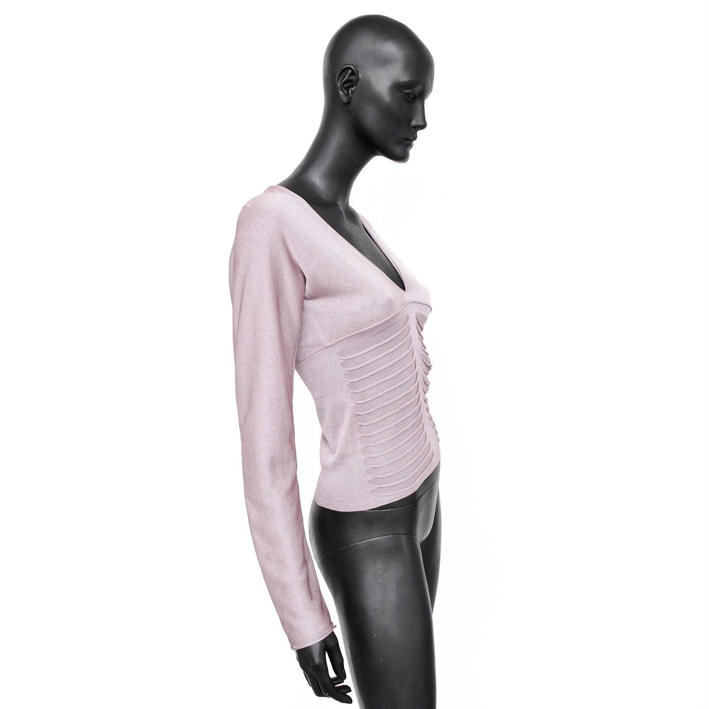 YSL by Tom Ford SS 2003 silk long sleeve top with a ribbed front detail, deep v-neck and keyhole cutout on the back. Size M. Available at Artefact Archive.
