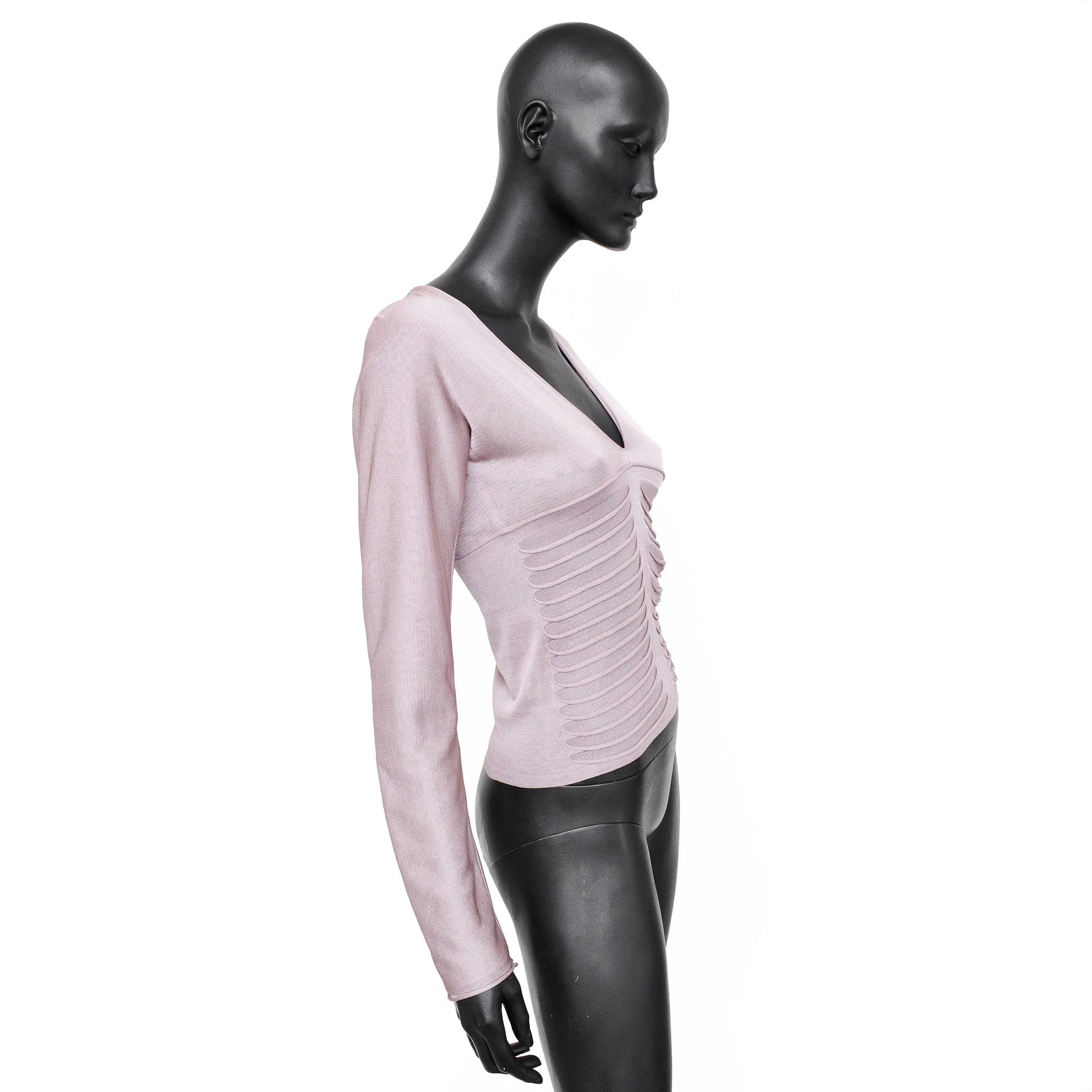 YSL by Tom Ford SS 2003 silk long sleeve top with a ribbed front detail, deep v-neck and keyhole cutout on the back. Size M. Available at Artefact Archive.